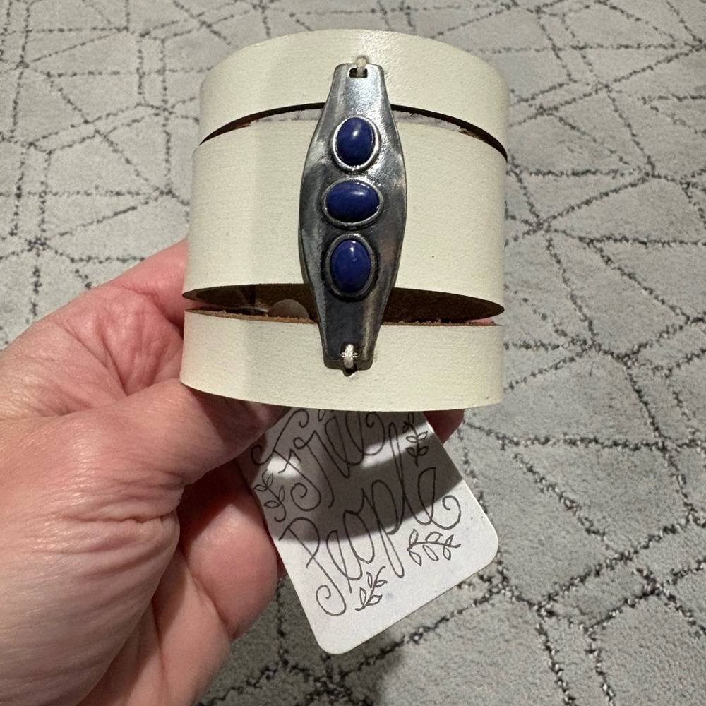Free People Cream Leather Cuff with Blue Accents